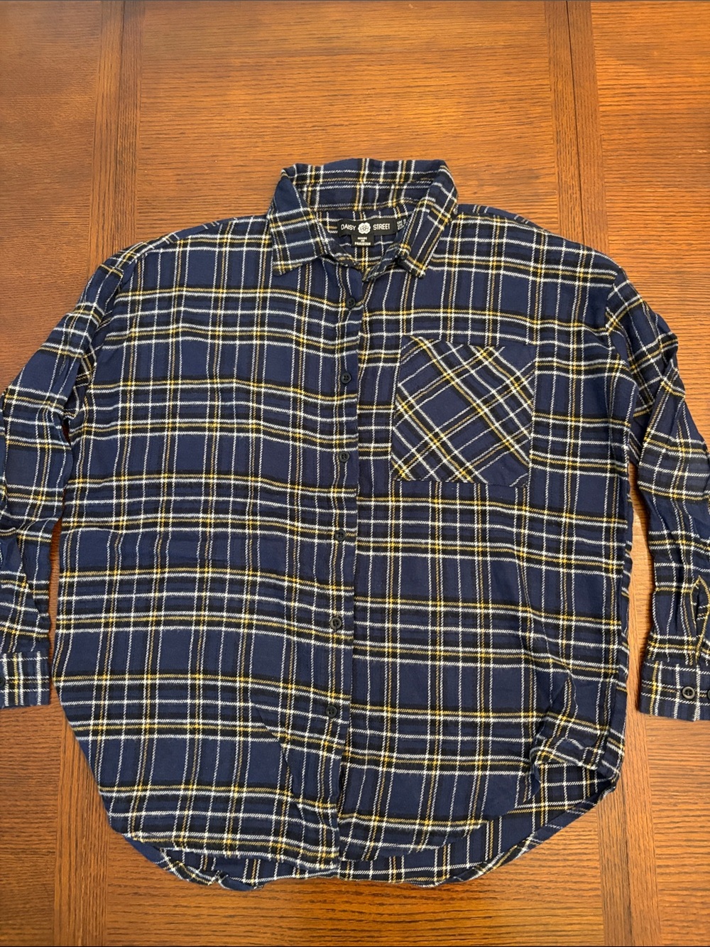 Women’s Navy Plaid Button-Up Blouse - Casual Long Sleeve